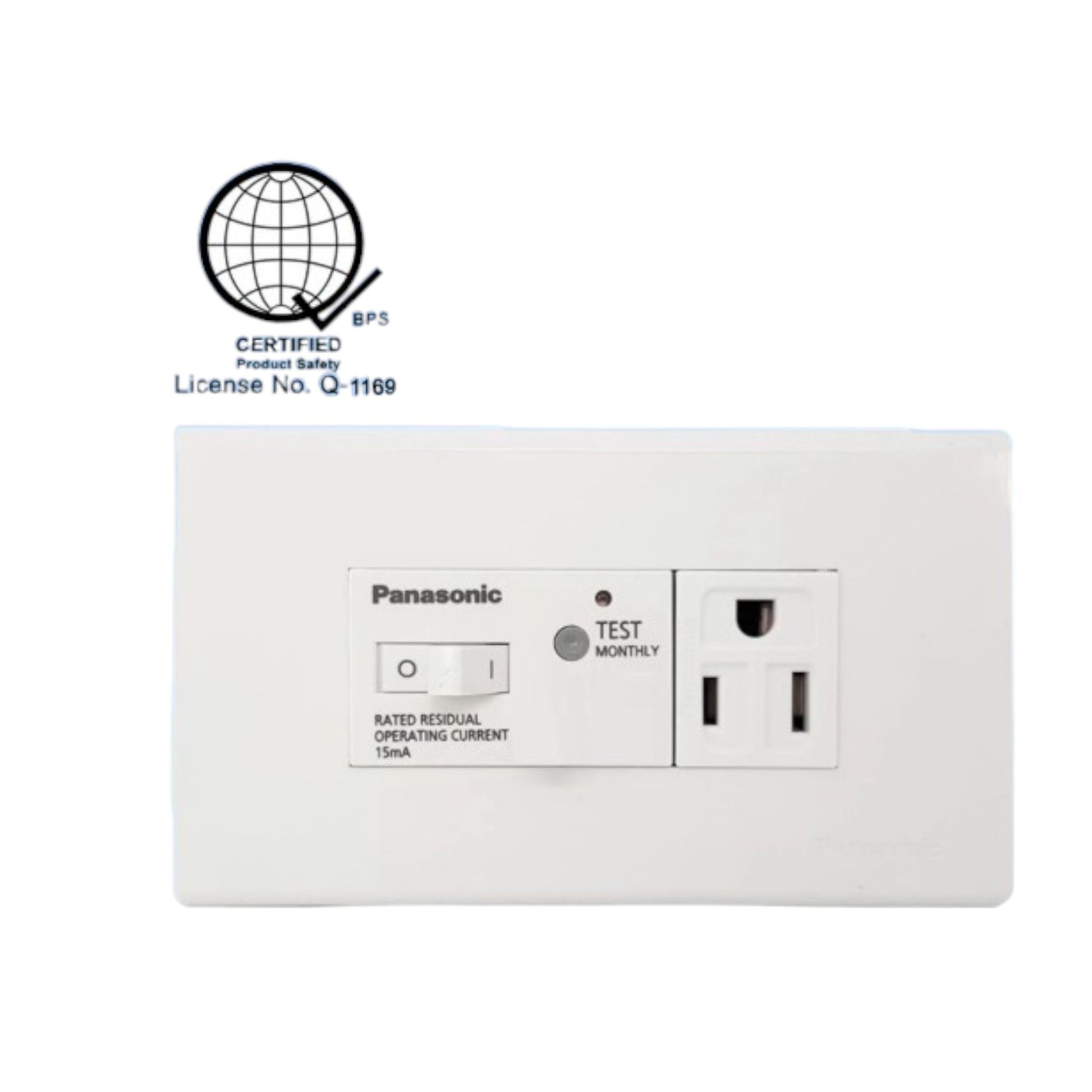 Panasonic 10A 250V GFCI outlet white with test button and reset switch for safety
