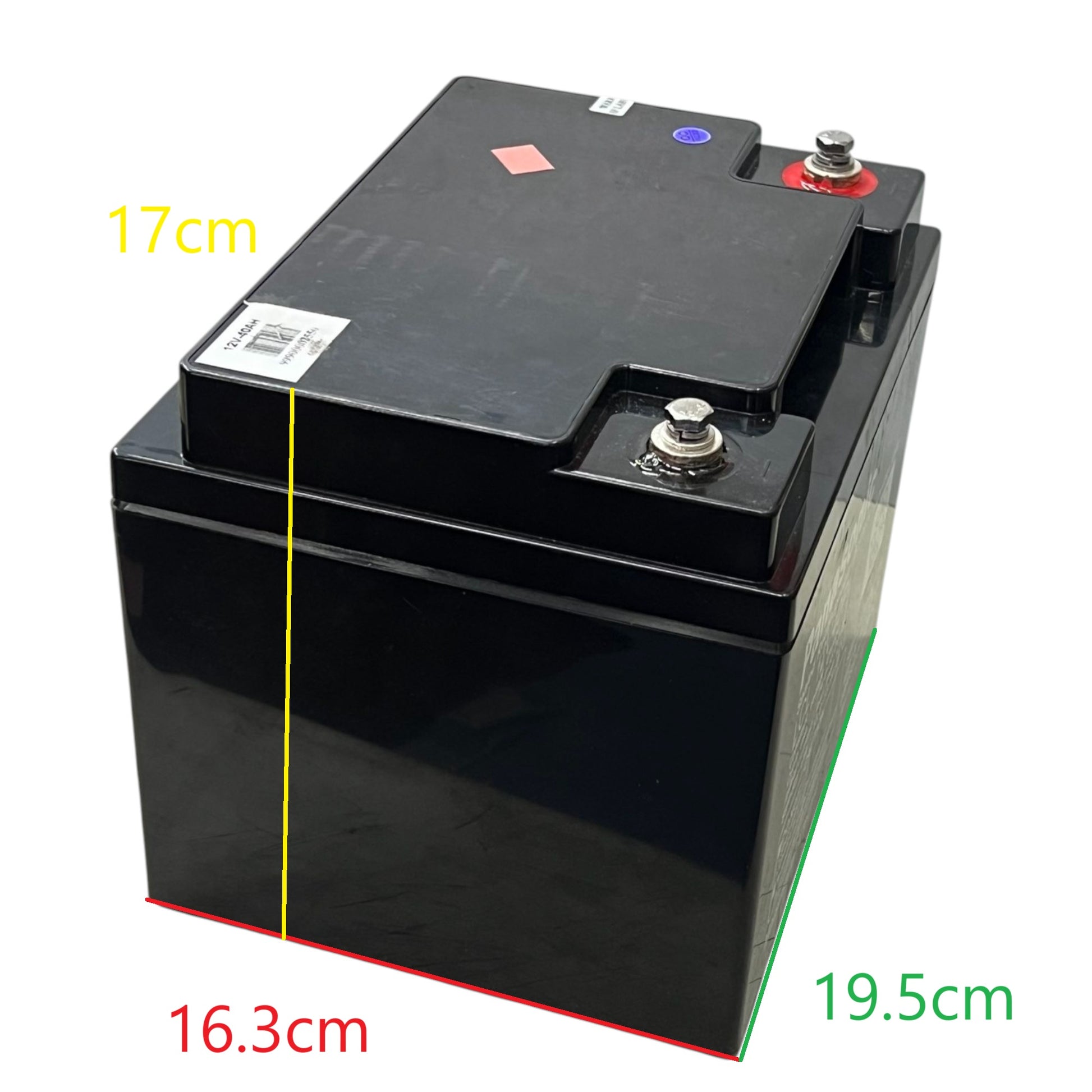 12V 40Ah Lead Acid Battery black sealed rechargeable battery with top terminals showing dimensions 16.3 by 19.5 by 17 cm