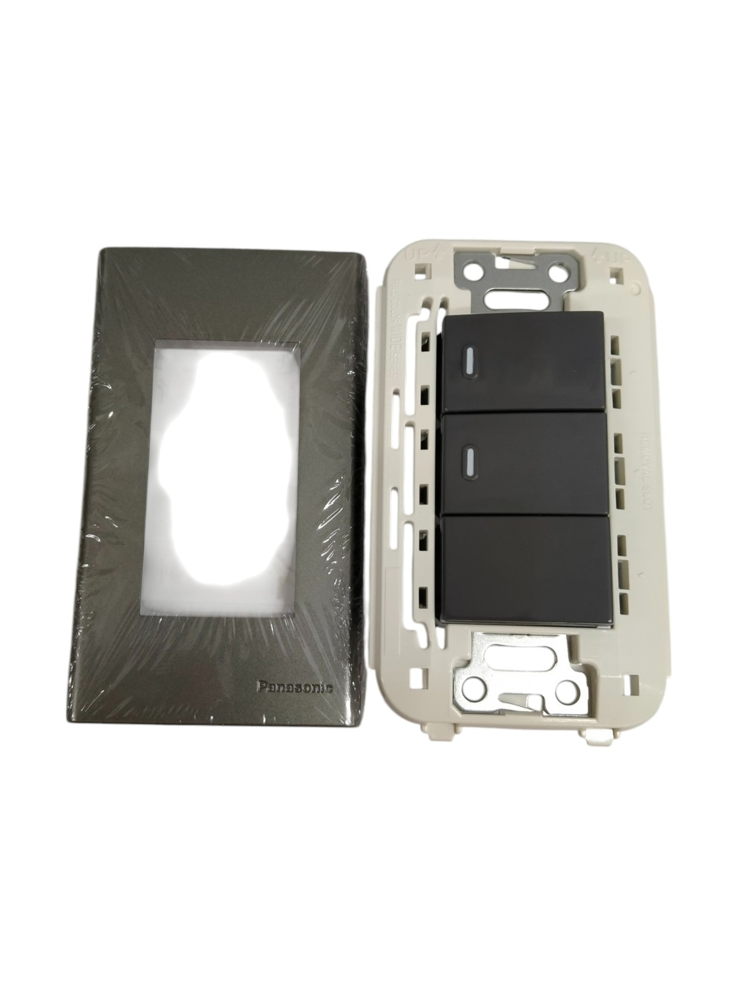 Panasonic 16A 250V metallic gray wall switch with three control points and a stylish design.