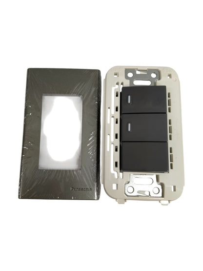 Panasonic 16A 250V metallic gray wall switch with three control points and a stylish design.