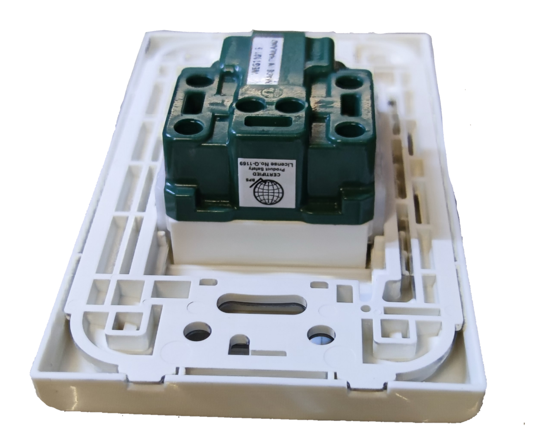 Panasonic 16A 250V quick connect outlet module mounted on white plastic wall plate frame for power points