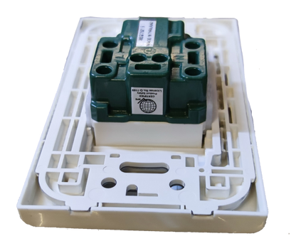 Panasonic 16A 250V quick connect outlet module mounted on white plastic wall plate frame for power points