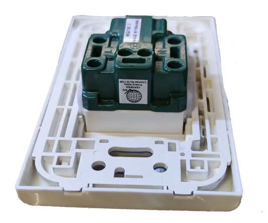 Panasonic 16A 250V quick connect outlet module mounted on white plastic wall plate frame for power points