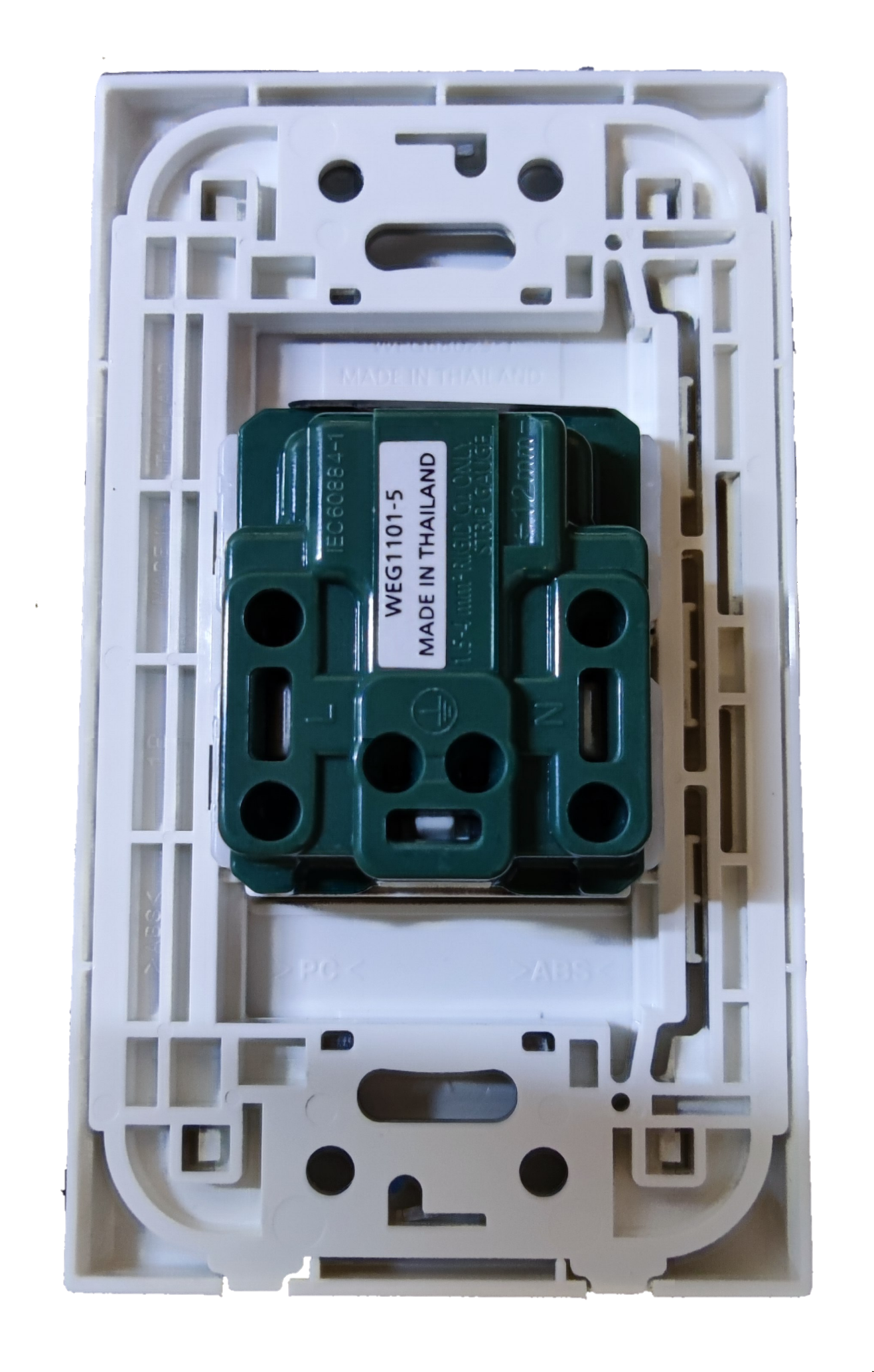 Panasonic 16A 250V quick connect outlet mounted in white faceplate frame for power points