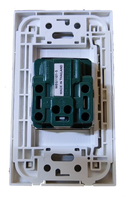 Panasonic 16A 250V quick connect outlet mounted in white faceplate frame for power points