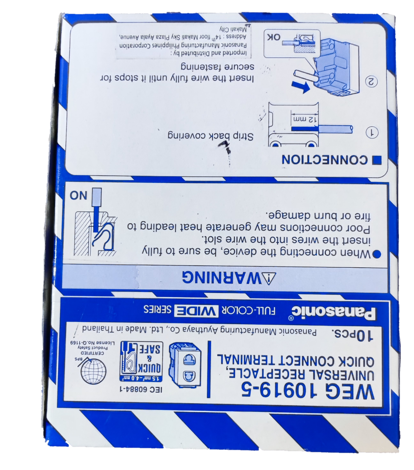 Panasonic 16A 250V quick connect terminal outlet packaging box with wiring diagram and warnings