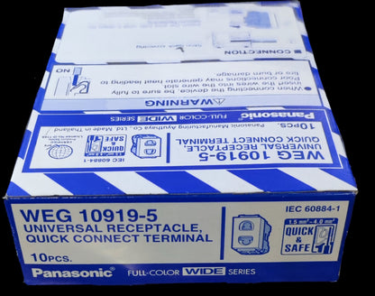 Panasonic WEG 10919-5 universal receptacle box showing 10pcs for 16A 250V quick connect terminal outlet