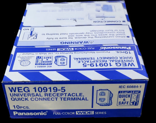 Panasonic WEG 10919-5 universal receptacle box showing 10pcs for 16A 250V quick connect terminal outlet