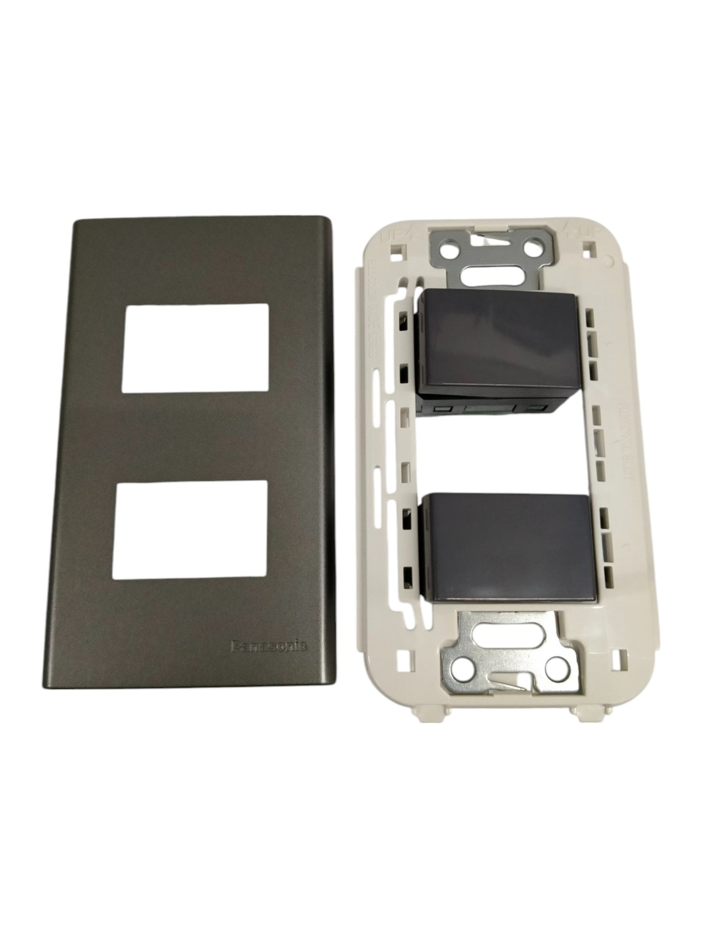 Panasonic 2 gang 4 way switch with black toggle switches and matching faceplate