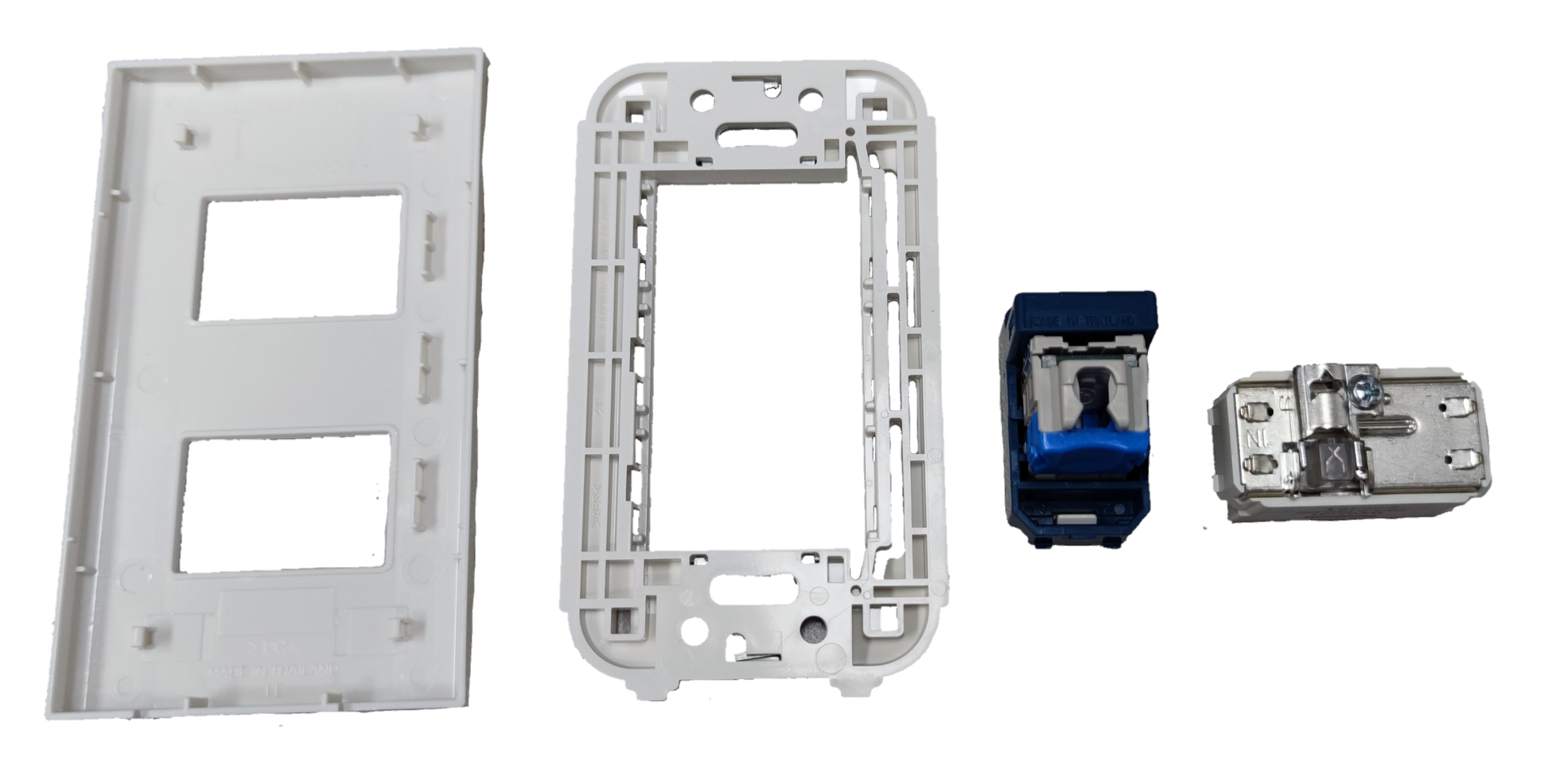 Panasonic 2 Gang Data Outlet CAT6 and Cable TV Outlet components with white frame and connectors