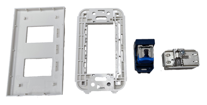 Panasonic 2 Gang Data Outlet CAT6 and Cable TV Outlet components with white frame and connectors