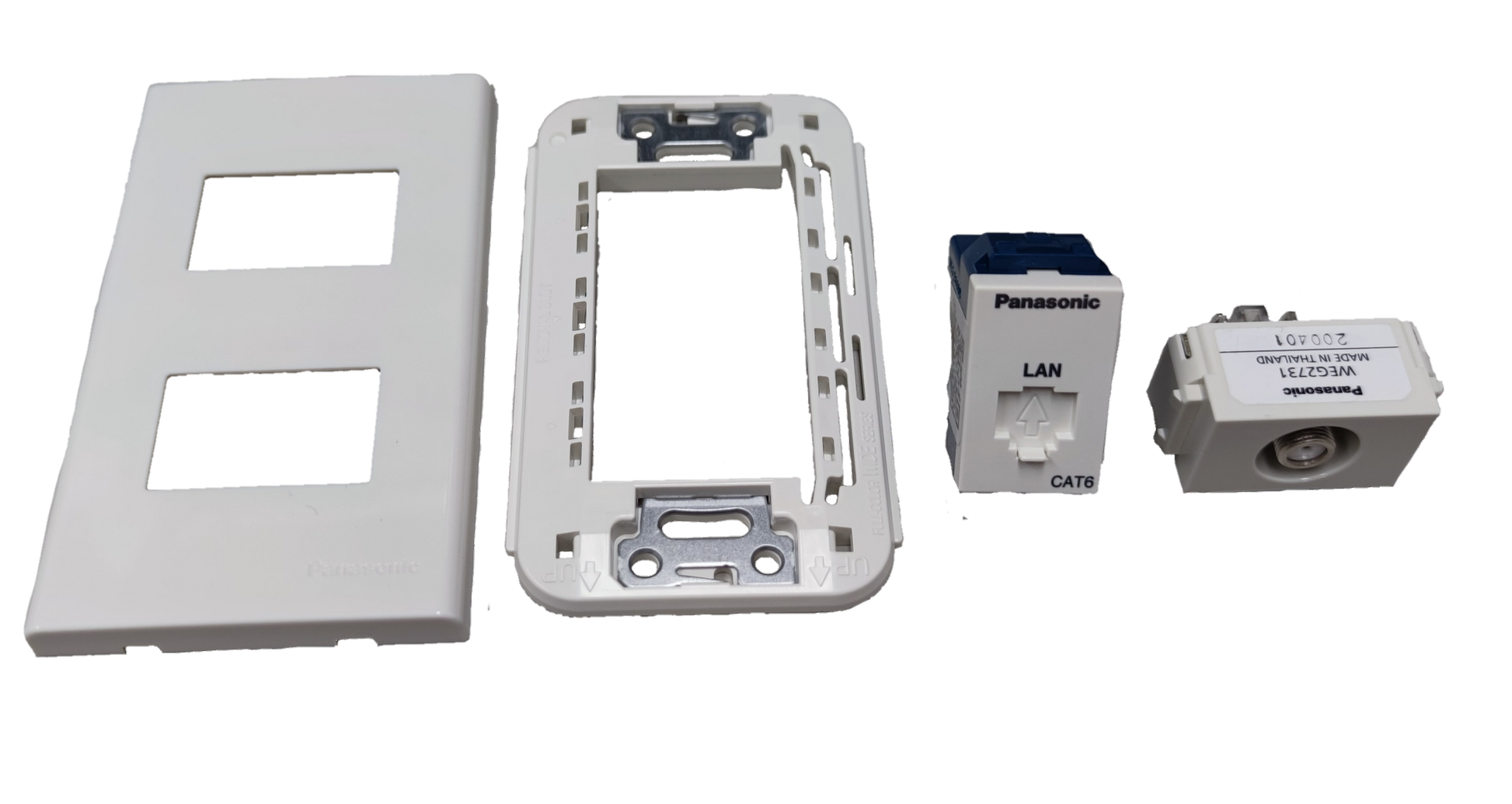 Panasonic 2 Gang Data Outlet CAT6 and Cable TV Outlet with white mounting frame and cover plate