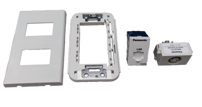 Panasonic 2 Gang Data Outlet CAT6 and Cable TV Outlet with white mounting frame and cover plate