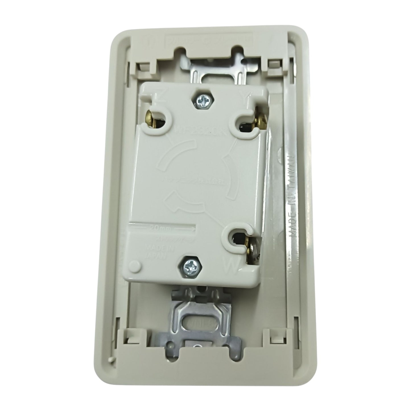 Beige wall switch plate with screws on a white background Panasonic 20A Twist Lock Outlet with Plate Cover 2P+E (3P) 250V (ML-3) WF2320 and WNF6253W-8, Twistlock