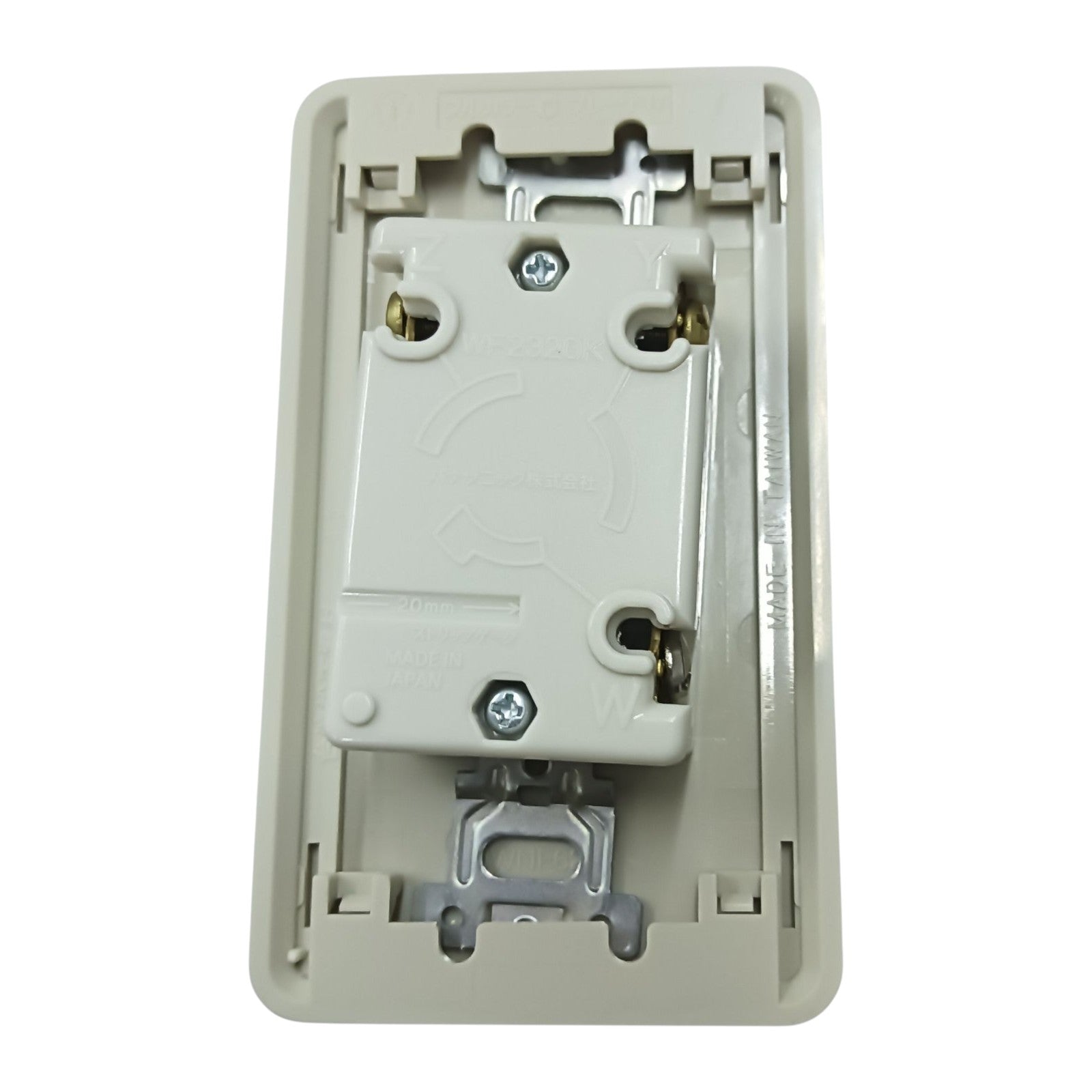 Beige wall switch plate with screws on a white background Panasonic 20A Twist Lock Outlet with Plate Cover 2P+E (3P) 250V (ML-3) WF2320 and WNF6253W-8, Twistlock