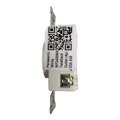 Panasonic 20A twist lock outlet in white featuring a side mounting design and safety features