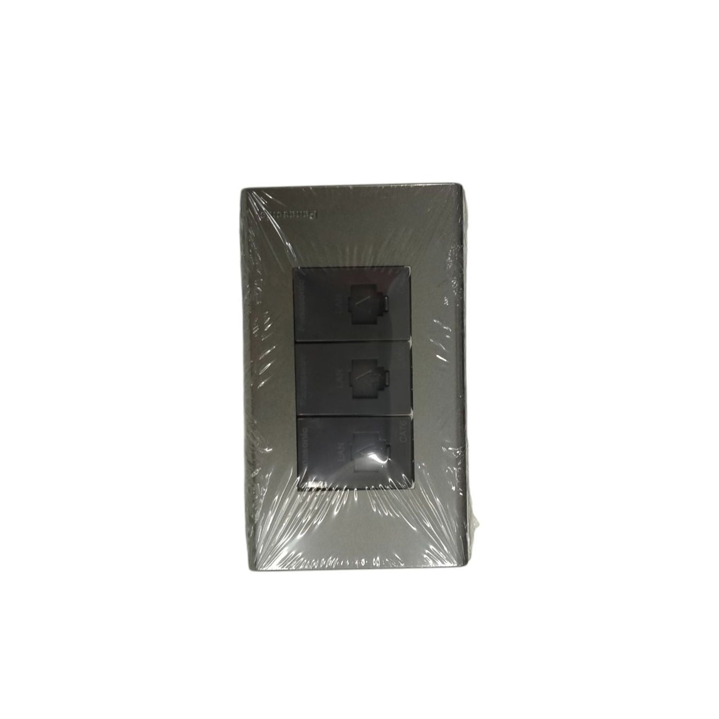 Panasonic 3 Gang CAT6 Data Modular Jack power point switch with dark plate wrapped in plastic