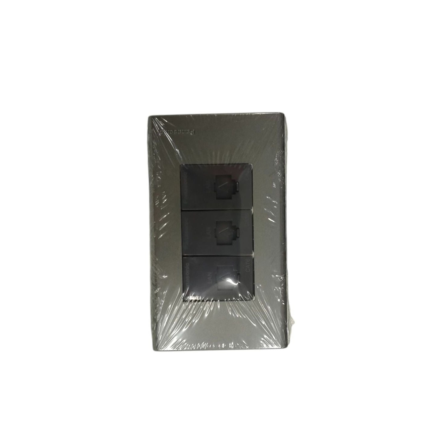 Panasonic 3 Gang CAT6 Data Modular Jack power point switch with dark plate wrapped in plastic