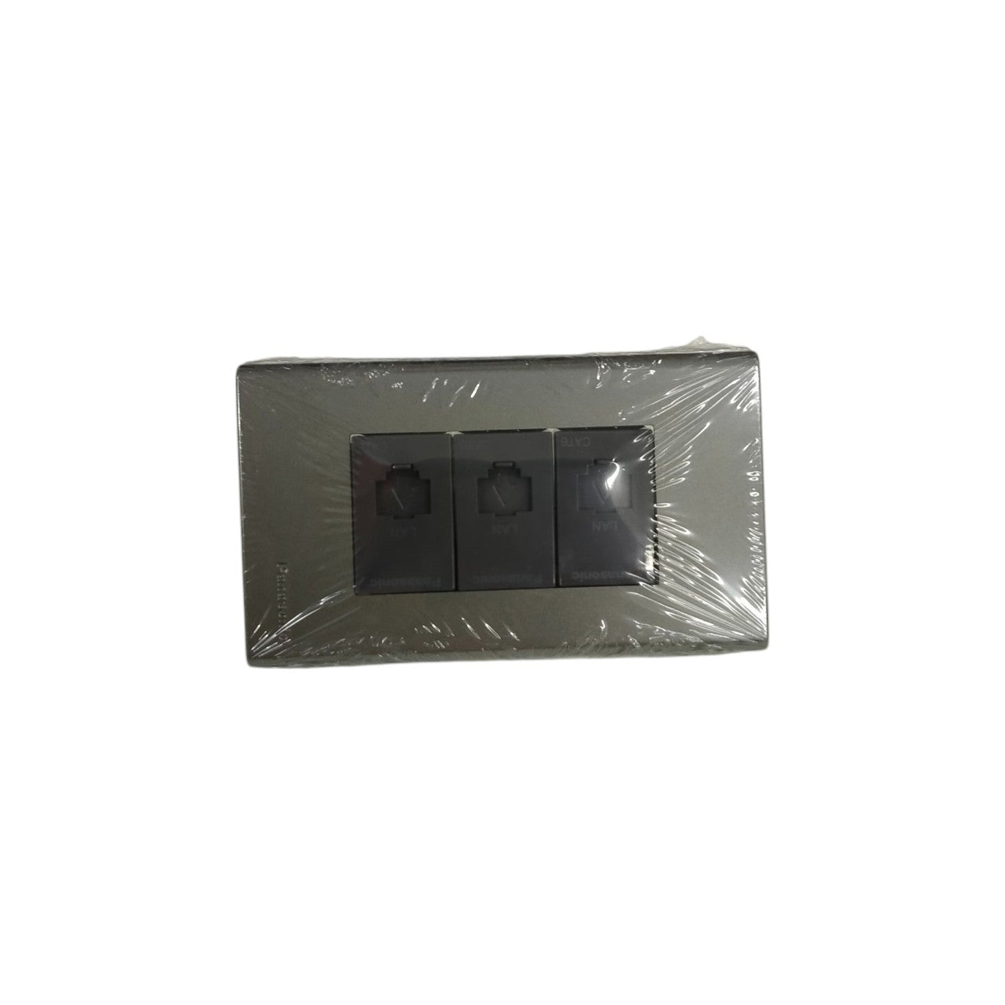 Panasonic 3 Gang CAT6 Data Modular Jack power point with three black ports in a silver frame