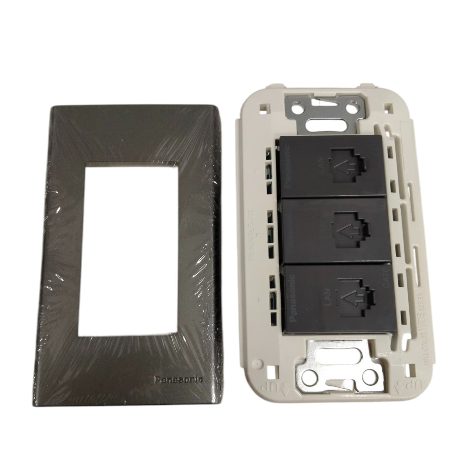 Panasonic 3 Gang CAT6 Data Modular Jack with black cover and white mounting frame for power points and switches