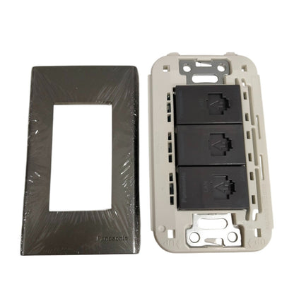 Panasonic 3 Gang CAT6 Data Modular Jack with black cover and white mounting frame for power points and switches