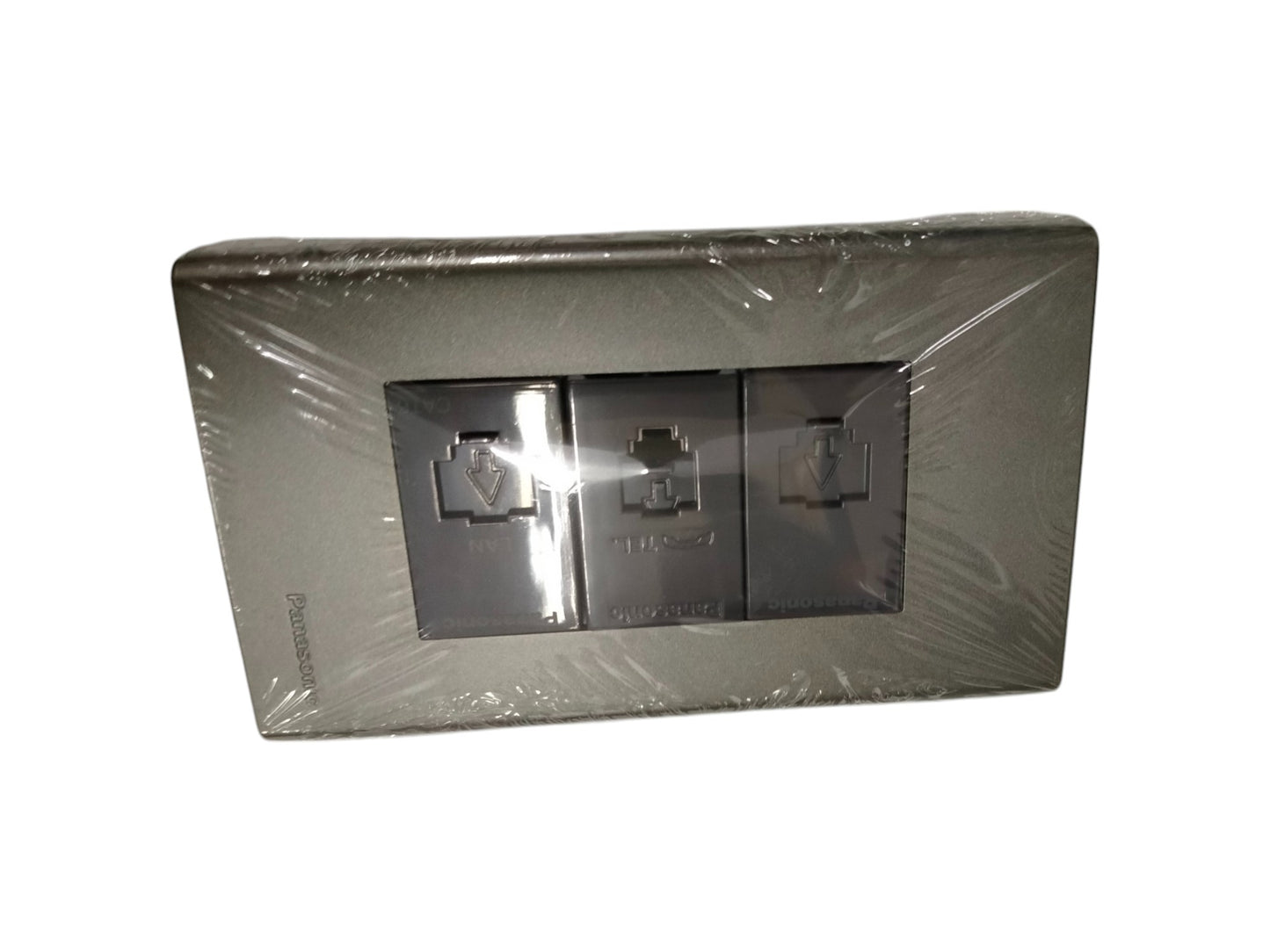 Panasonic 3 gang Cat6 ethernet wall outlet metallic gray with three RJ45 sockets for Ethernet connectivity