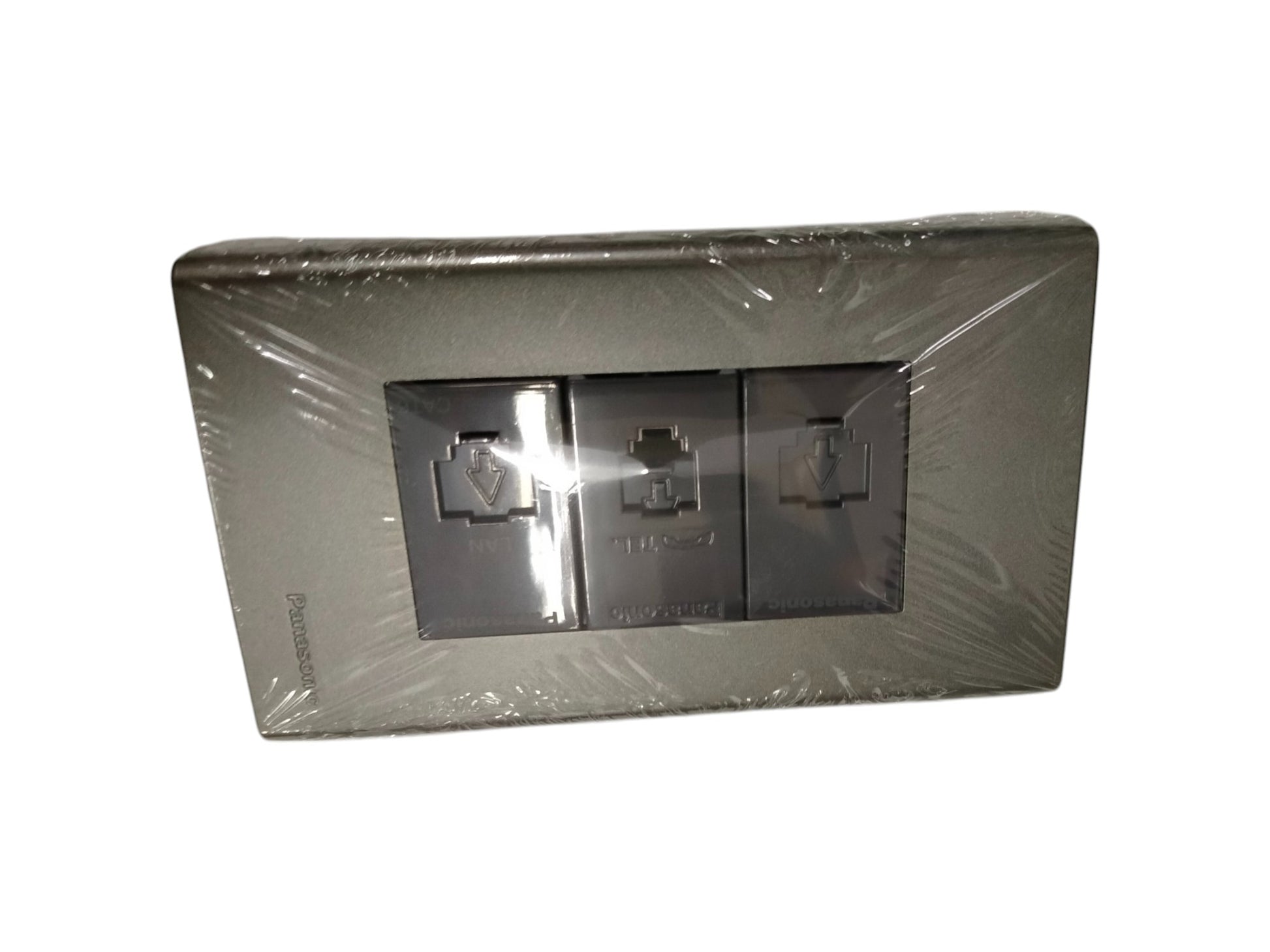 Panasonic 3 gang Cat6 ethernet wall outlet metallic gray with three RJ45 sockets for Ethernet connectivity