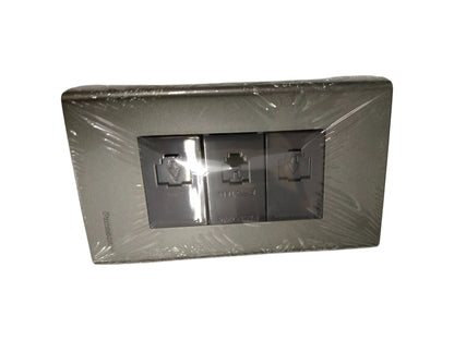 Panasonic 3 gang Cat6 ethernet wall outlet metallic gray with three RJ45 sockets for Ethernet connectivity