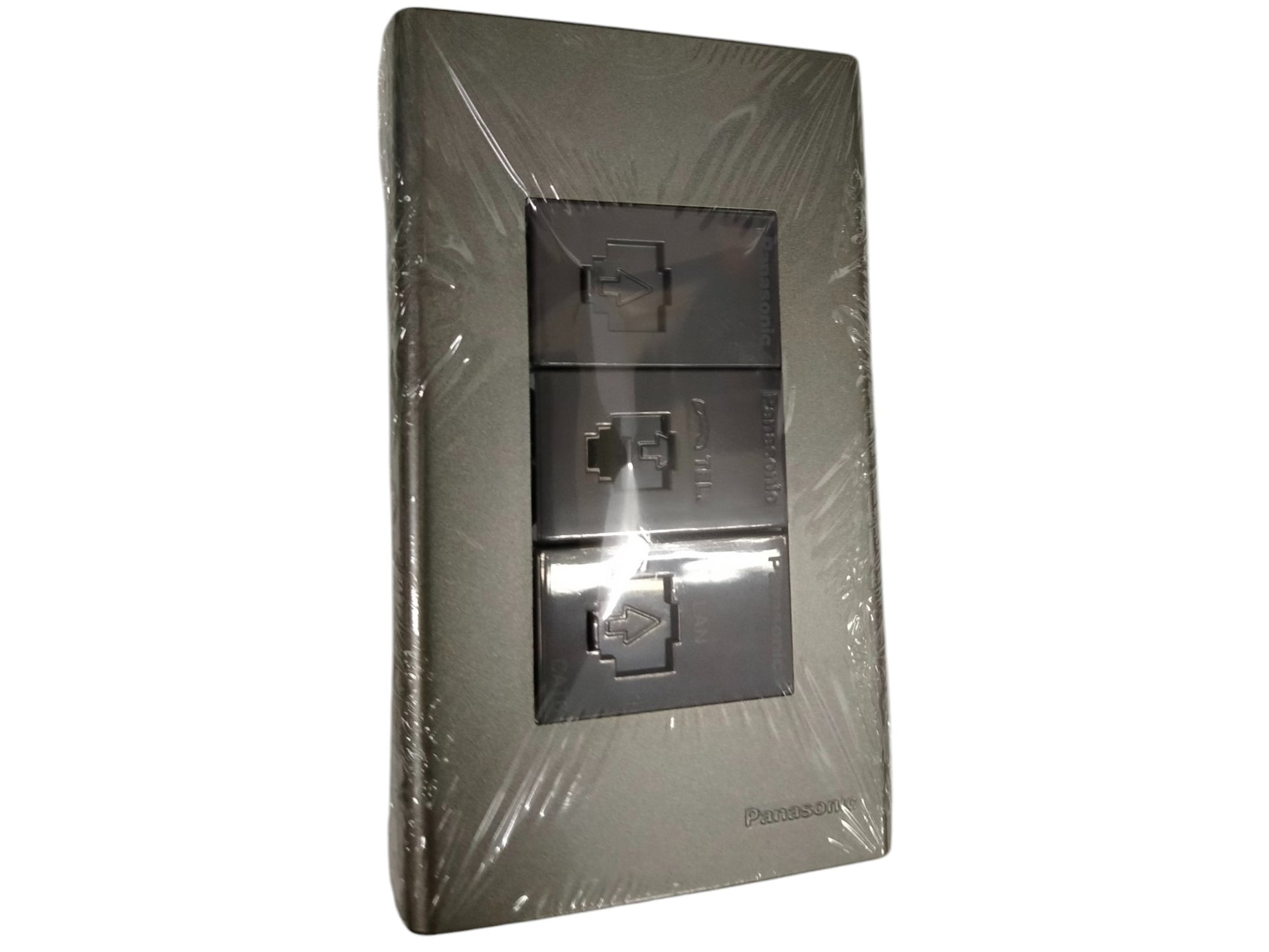 3 gang Cat6 ethernet wall outlet metallic gray by Panasonic in protective packaging for easy installation