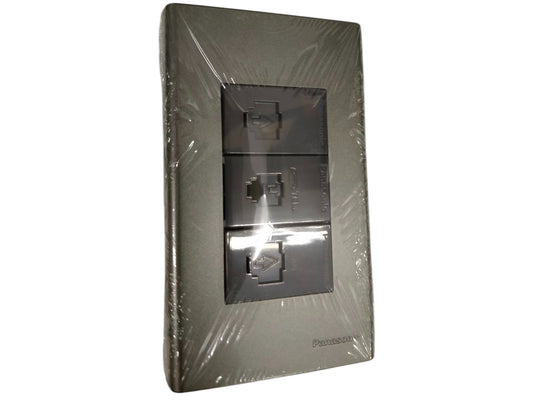 3 gang Cat6 ethernet wall outlet metallic gray by Panasonic in protective packaging for easy installation