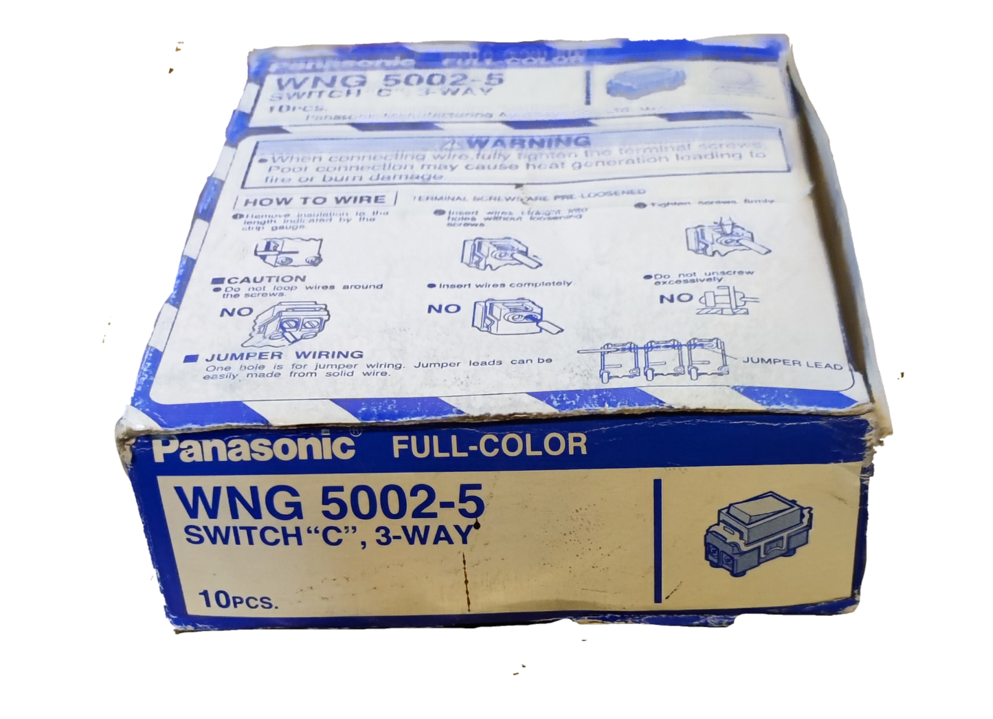 Panasonic 3 Way Switch Classic Series WNG5002-5 box containing ten switches with wiring instructions