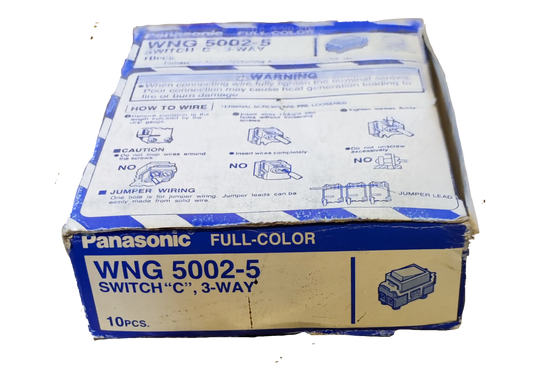 Panasonic 3 Way Switch Classic Series WNG5002-5 box containing ten switches with wiring instructions