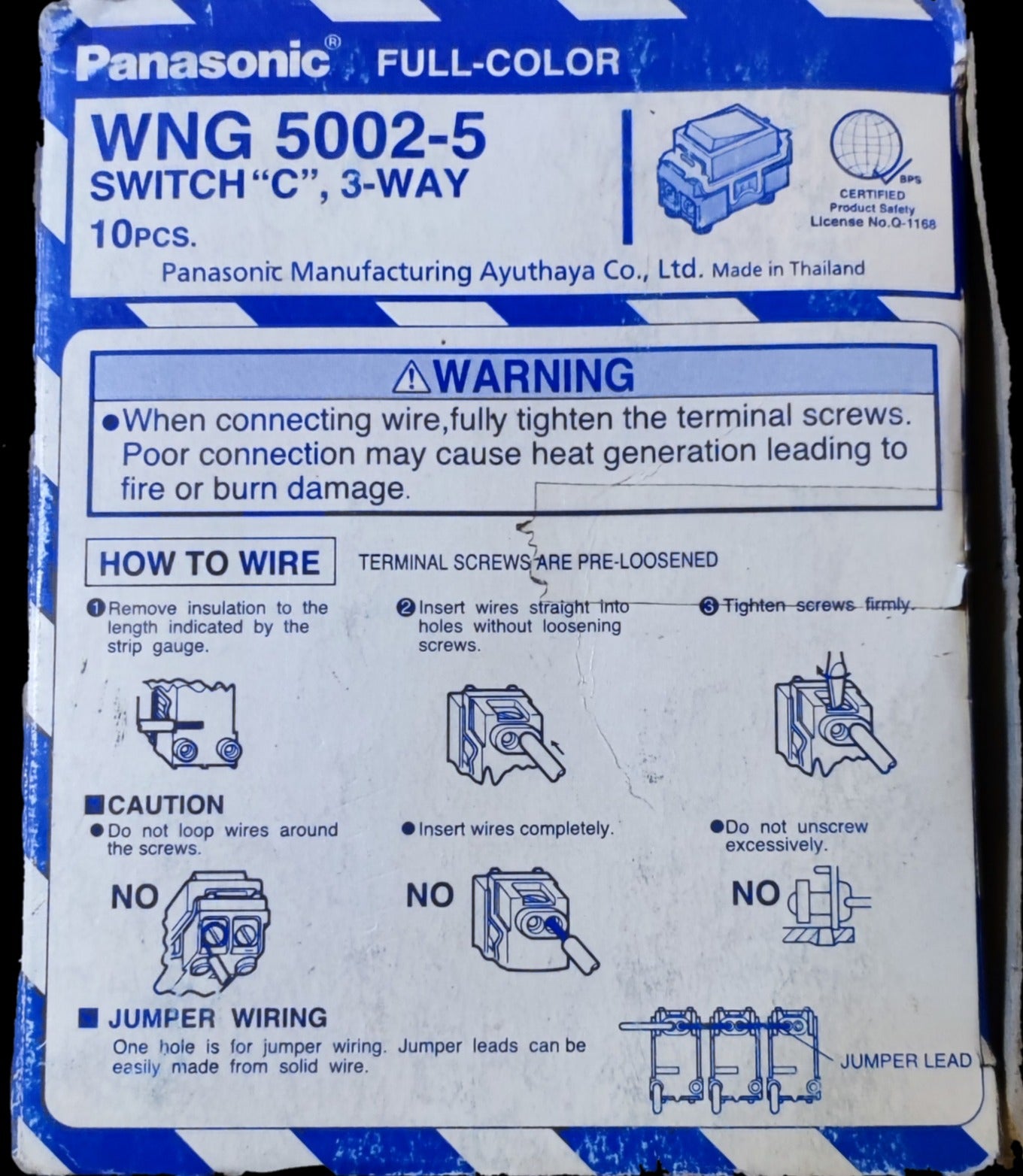 Panasonic 3 Way Switch Classic Series WNG5002-5 packaging showing wiring instructions and safety warnings