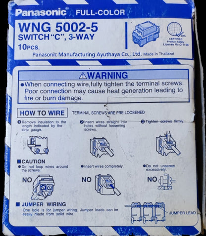 Panasonic 3 Way Switch Classic Series WNG5002-5 packaging showing wiring instructions and safety warnings