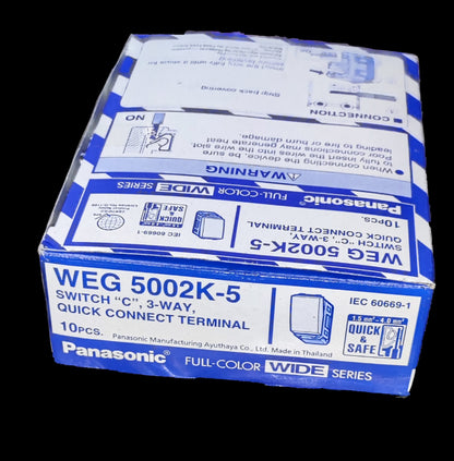 Panasonic 3 Way Switch Wide Series WEG5002K-5 box containing 10 quick connect terminal switches