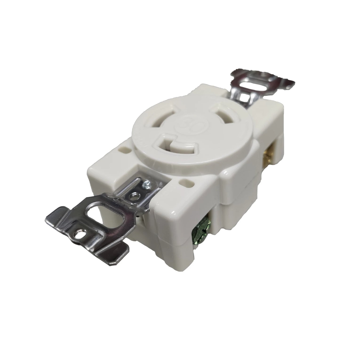 White electrical outlet with metal connectors on a white background Panasonic 30A Twist Lock Outlet 2P+E (3P) 250V (NEMA L6) WF2330