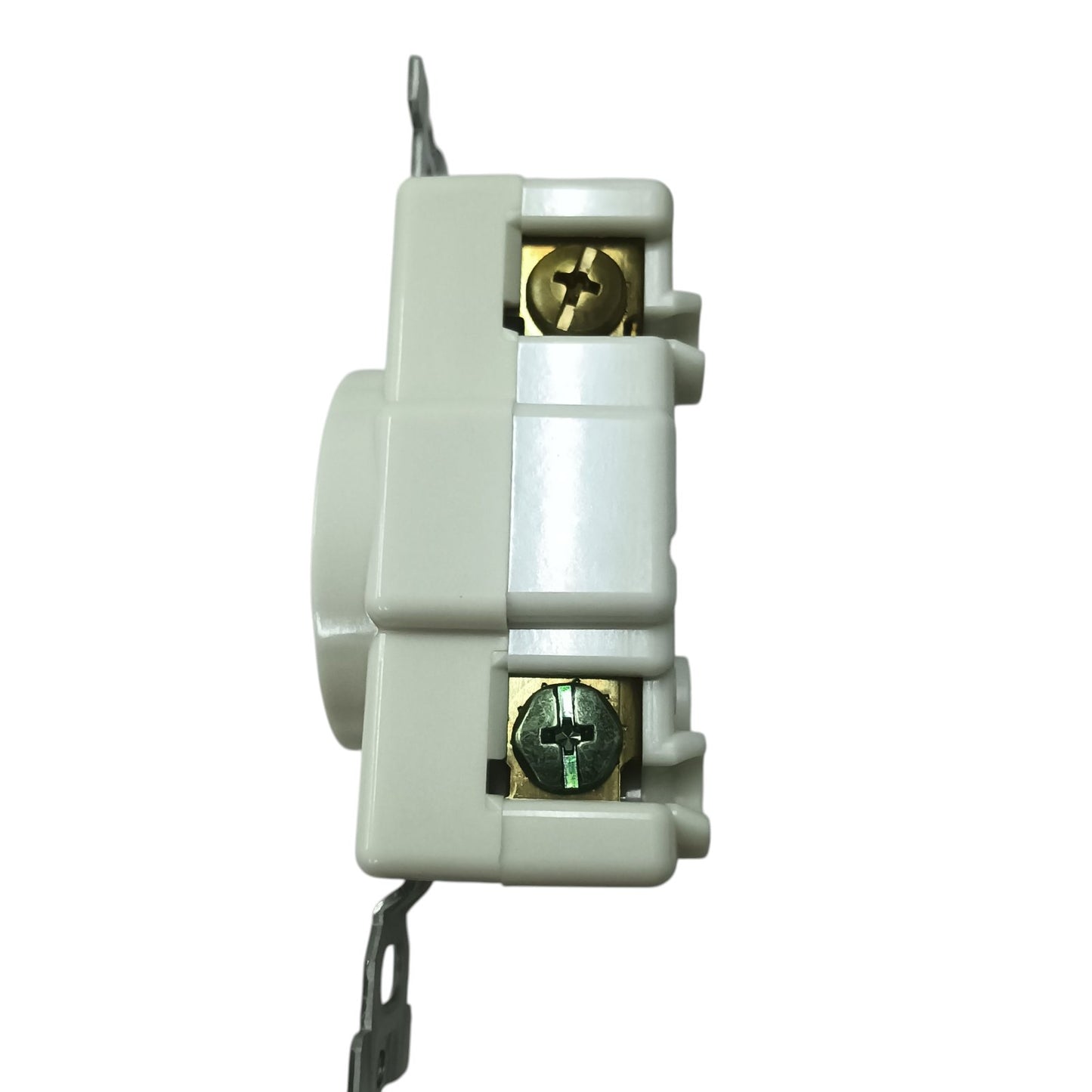 Panasonic 30A twist lock outlet 3 Wire white industrial electrical receptacle side view with mounting strap and terminal screws