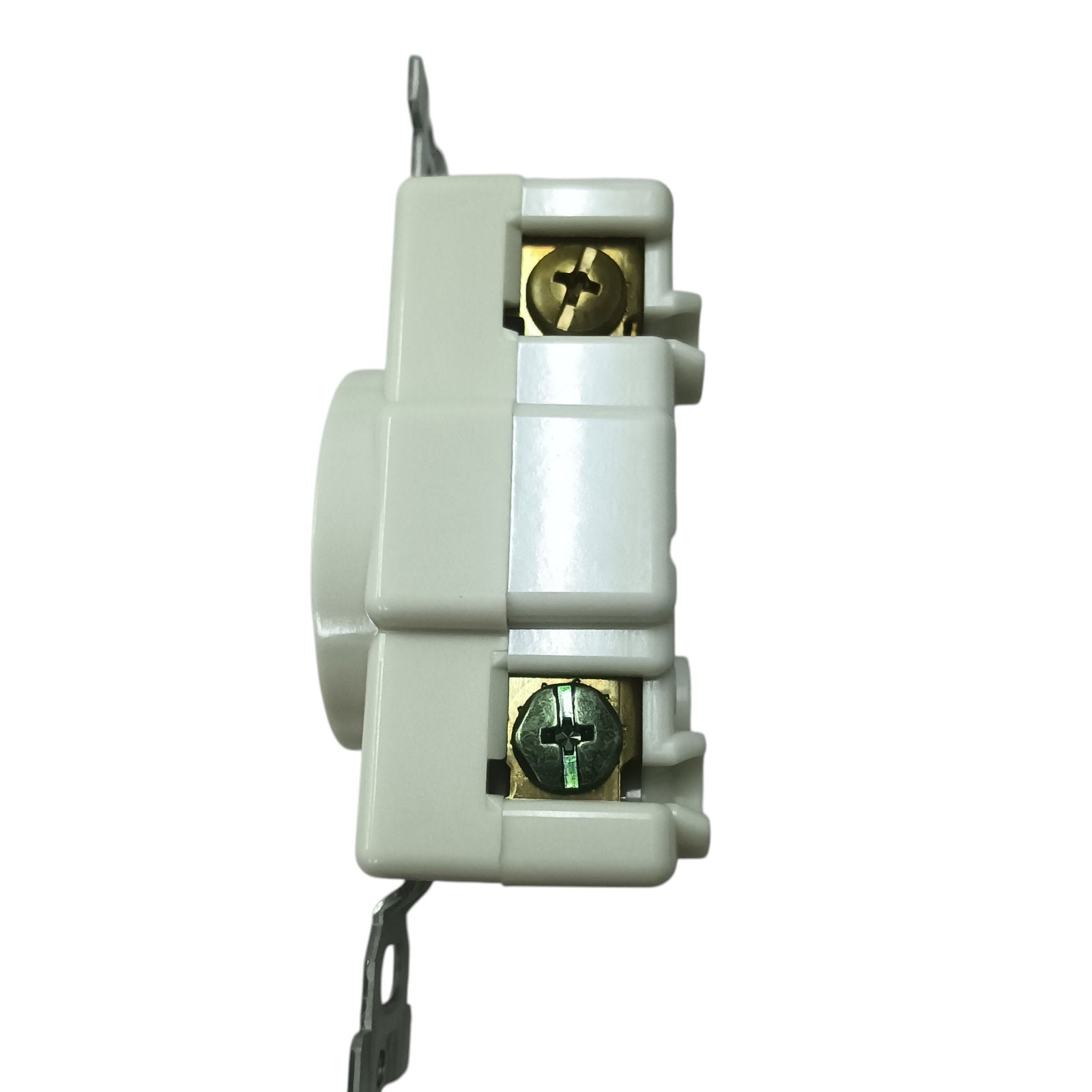 Panasonic 30A twist lock outlet 3 Wire white industrial electrical receptacle side view with mounting strap and terminal screws