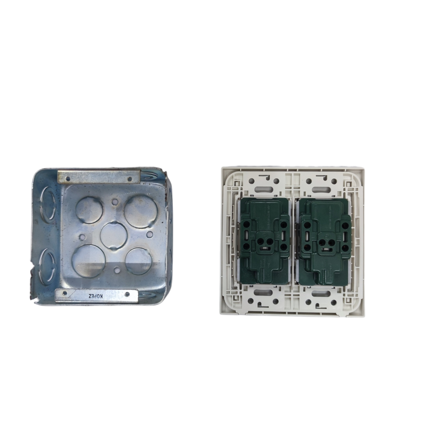 Panasonic 4 gang duplex outlet showing metal mounting box and white plastic switch panel