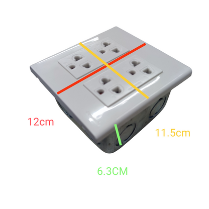 Panasonic 4 gang duplex outlet with four power sockets and dimensions shown in centimeters