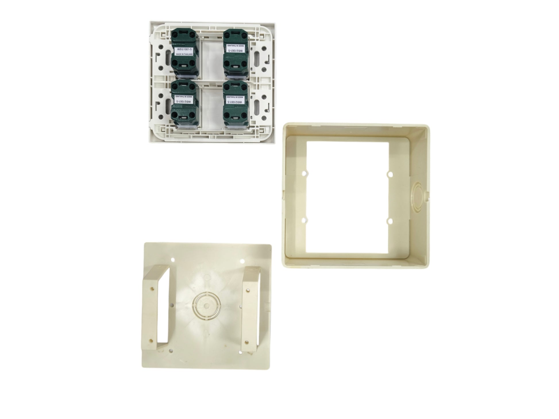 Panasonic 4 Gang Flat Pin Outlet 16A 250V showing front frame and internal components