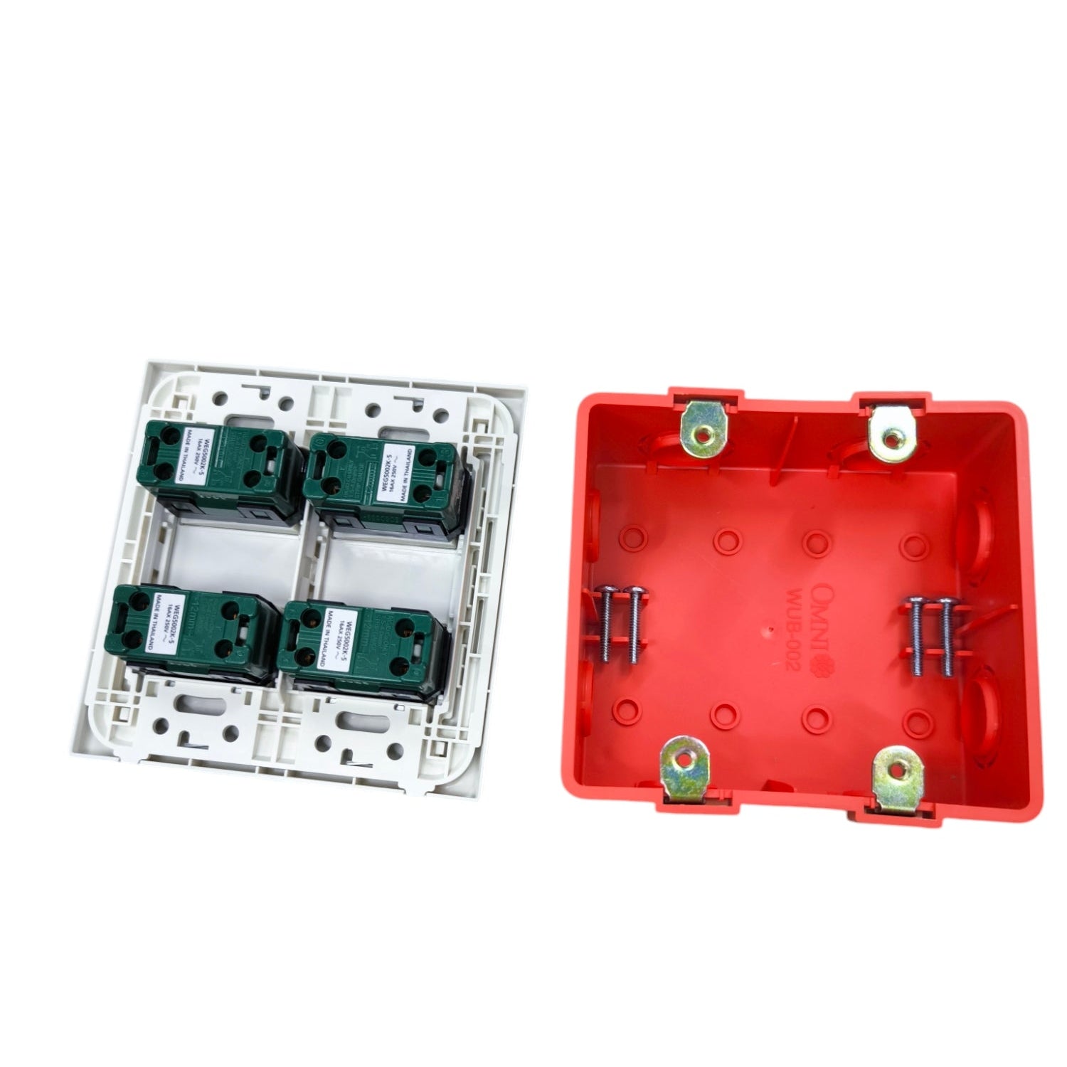 Panasonic 4 gang switch internal components showing switch mechanisms and red mounting box