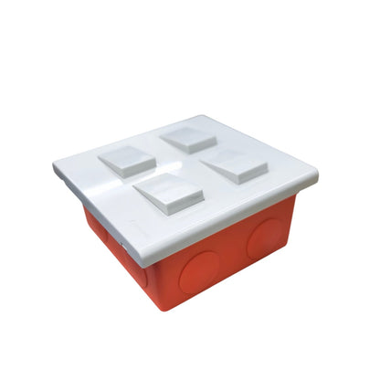 Panasonic 4 gang switch with white buttons and red mounting box for electrical installations