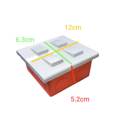 Panasonic 4 gang switch with white buttons and red mounting box showing dimensions