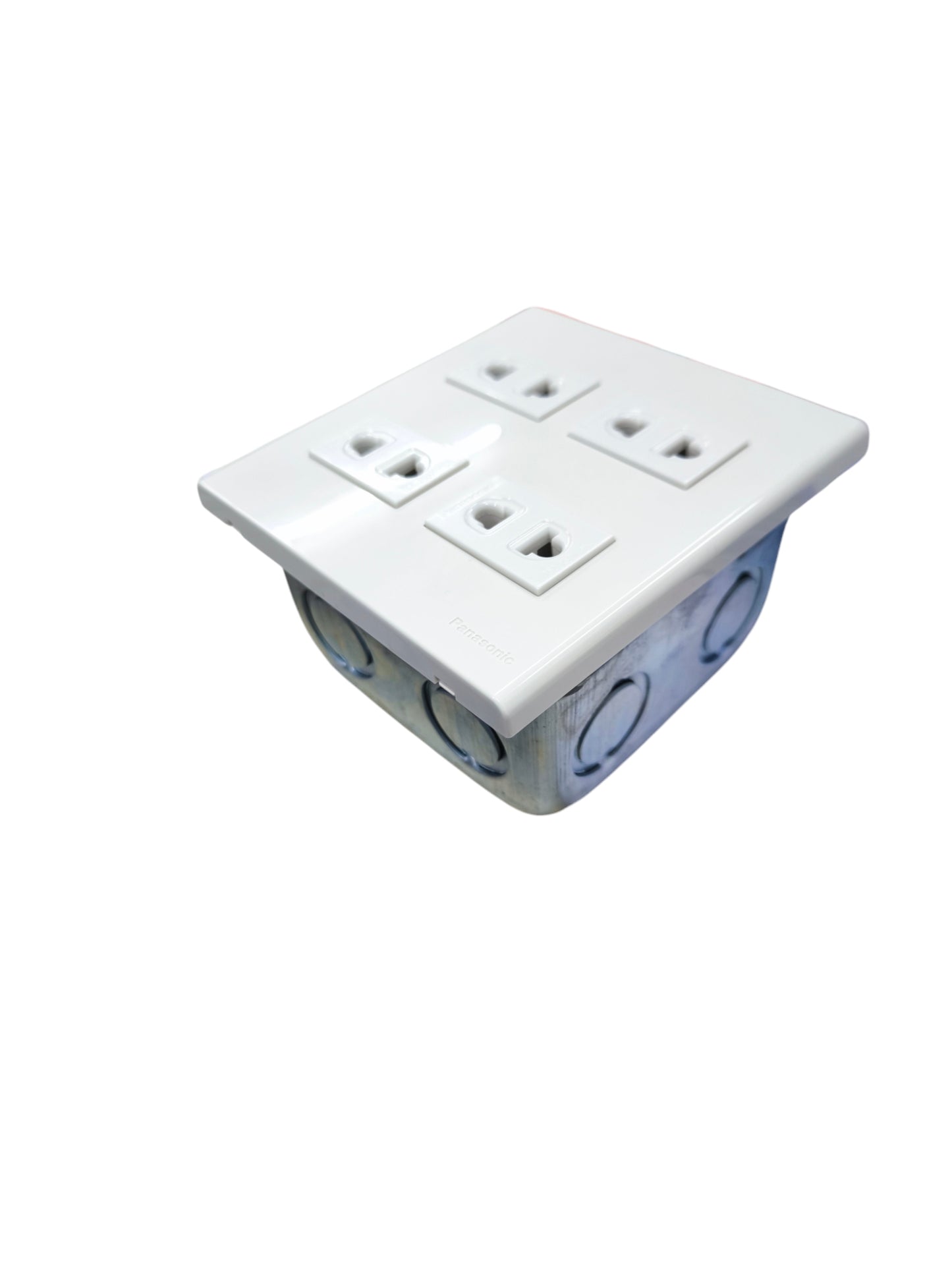 Panasonic 4 gang universal outlet with four white power sockets in a compact design
