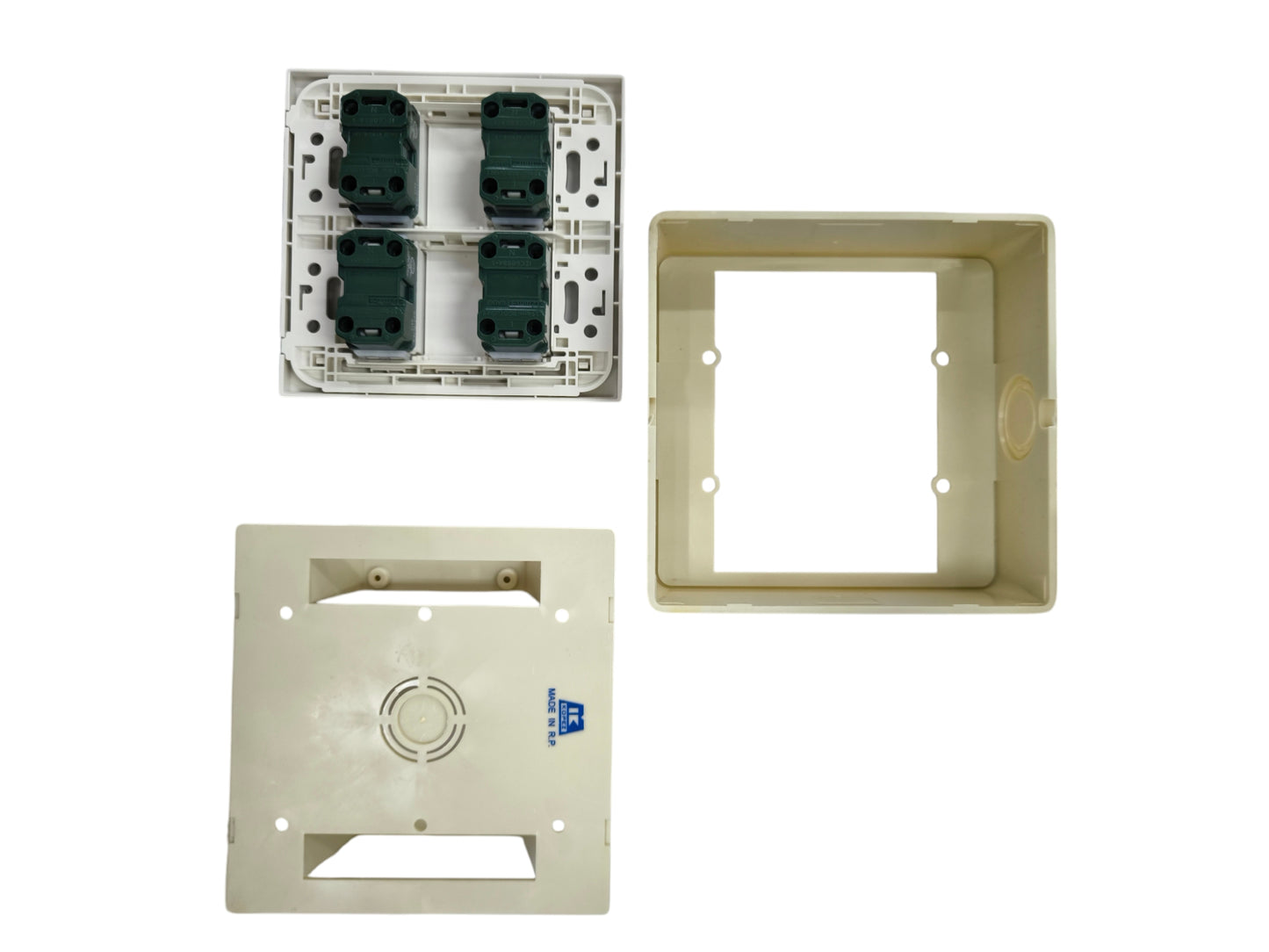 Panasonic 4 gang universal outlet components including mounting frame and back box in beige color