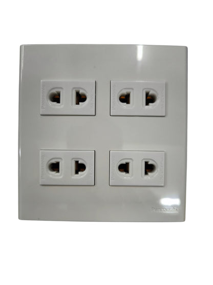 Panasonic 4 gang universal outlet with four universal power sockets in a white plastic frame
