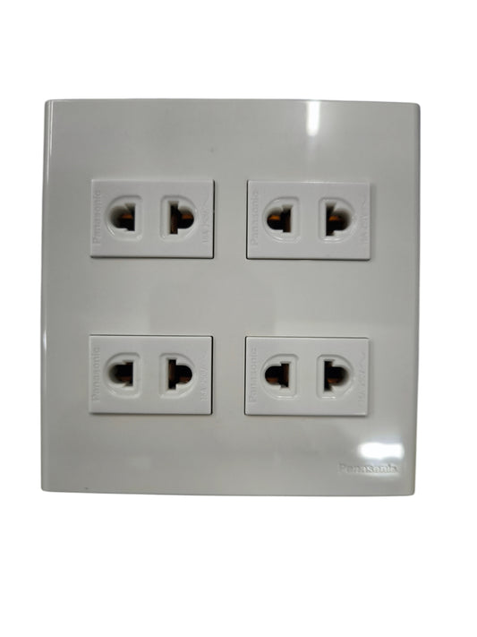 Panasonic 4 gang universal outlet with four universal power sockets in a white plastic frame