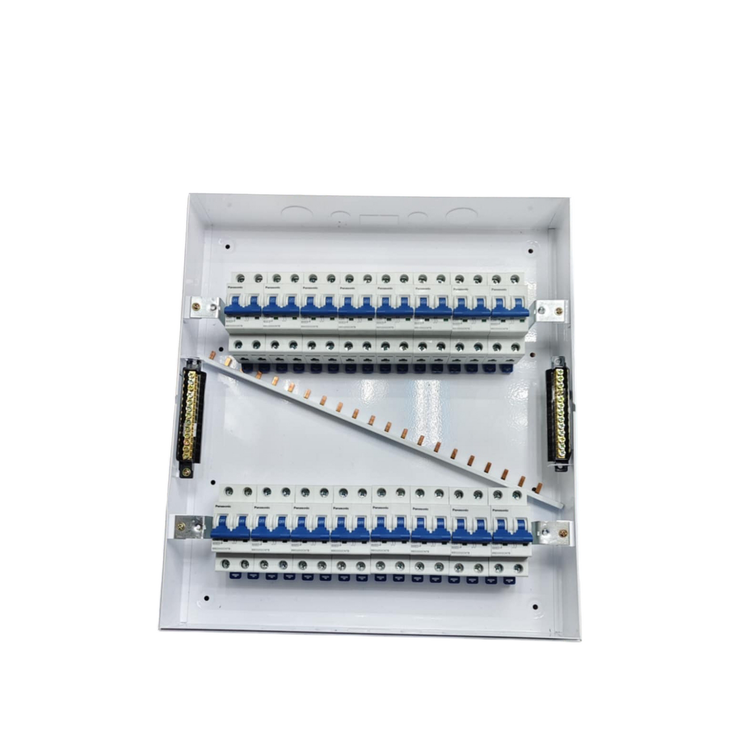 Panasonic Breakers Panel Board 63A with white metal casing and multiple circuit breakers for electrical distribution