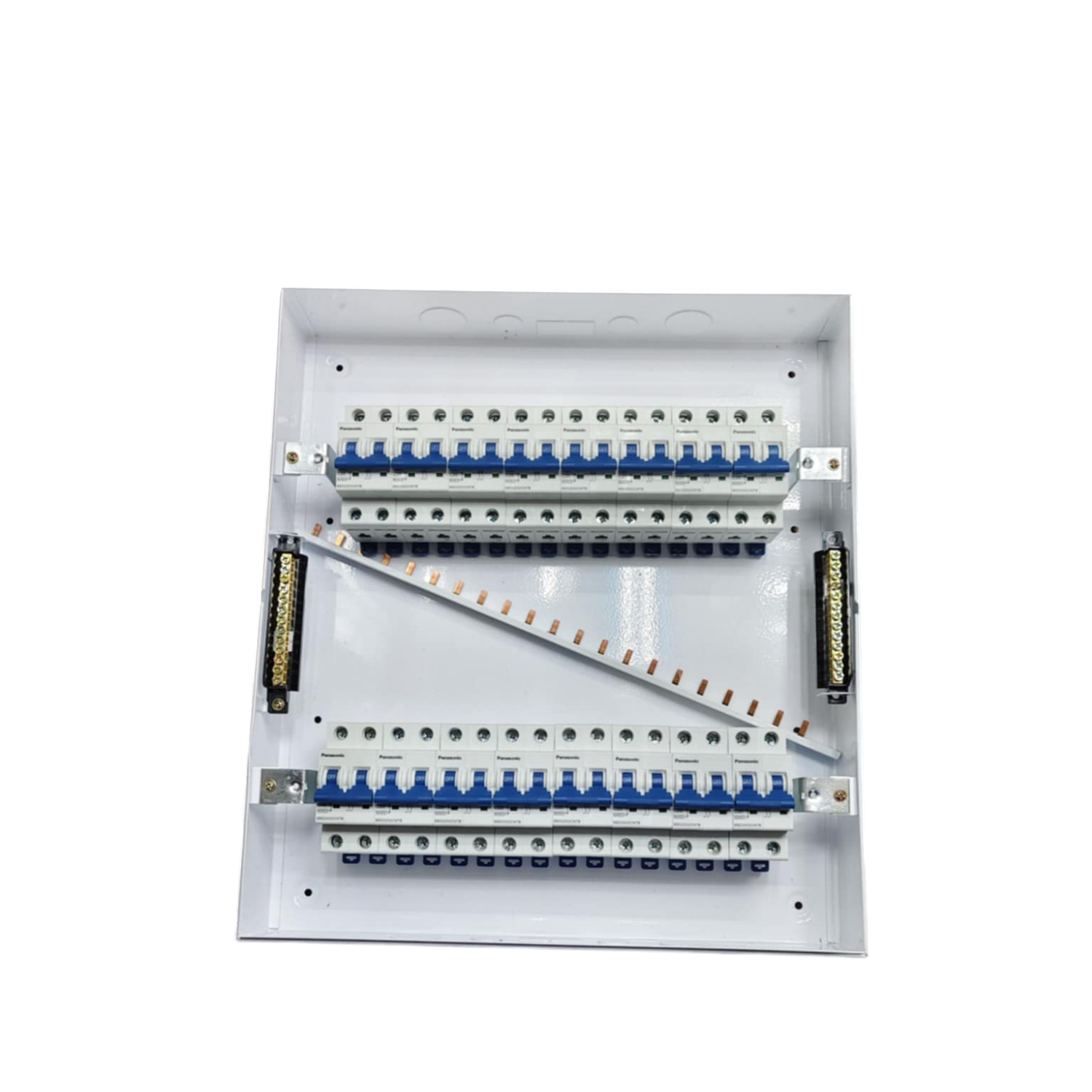 Panasonic Breakers Panel Board 63A with white metal casing and multiple circuit breakers for electrical distribution